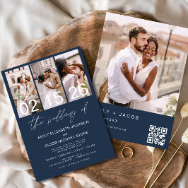 Convites Marinho Azul Foto QR código de casamento Minimalis