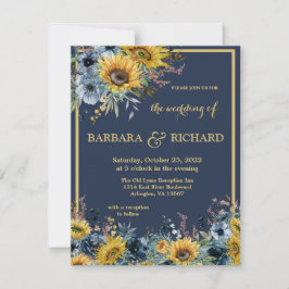 Convites Marinho Azul, Girassol, Casamento Floral
