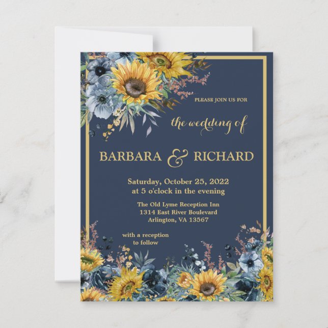 Convites Marinho Azul, Girassol, Casamento Floral (Frente)