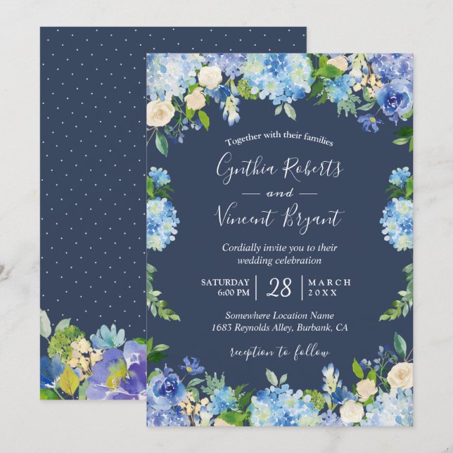 Convites Marinho Azul Hydrangeas Floral Casamento Romântico (Frente/Verso)