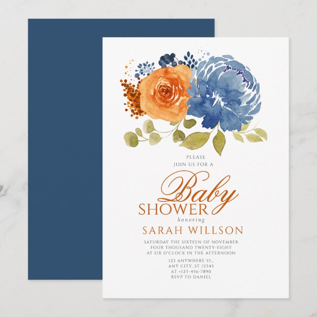 Convites Marinho Azul Laranja Parede Queda Chá de fraldas F (Frente/Verso)