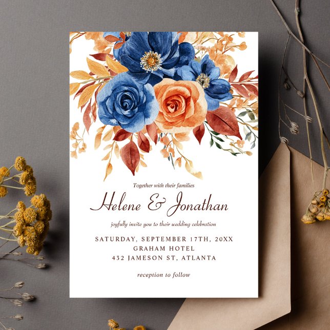 Convites Marinho Azul Laranja Terracotta Casamento Elegante (Navy Blue Orange Terracotta Elegant Wedding Invitation)