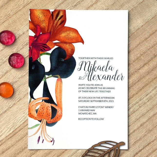 Convites Marinho azul-magenta Casamento outono lírios laran (Orange, Blue, Magenta Fall Tiger Lilies, Calla Lilies Wedding Invitations)