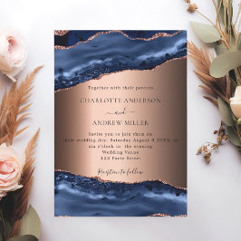 Convites Marinho azul- marble rosa dourado noite casamento