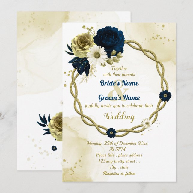 Convites Marinho azul marfim de ouro floral casamento (Frente/Verso)