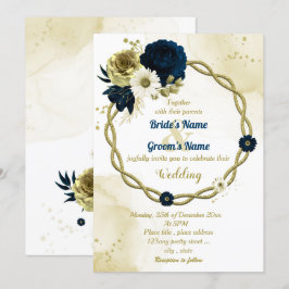 Convites Marinho azul marfim de ouro floral casamento