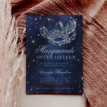 Convites Marinho azul mascarada da máscara de brilho pratea<br><div class="desc">Um doce moderno,  chico e glamouroso dezesseis com uma máscara de mascarada com brilho prateado desenhada à mão com faíscas de diamante reluzente prateado sobre um fundo azul-d'água escuro.</div>