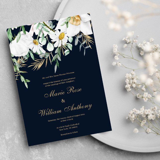 Convites Marinho azul mint branco disie ouro floral Casamen (Navy blue mint white gold daisies floral Wedding Invitation )