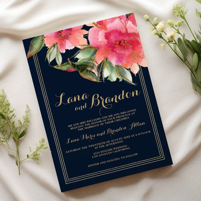 Convites Marinho azul minta cor-de-rosa brilho floral casam (Navy blue mint pink gold glitter floral wedding )