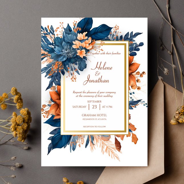 Convites Marinho Azul Moderno Casamento Floral Boho Elegant (Modern Elegant Floral Boho Wedding Invitation)