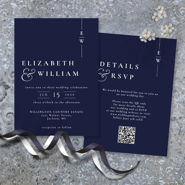 Convites Marinho Azul Moderno Monograma Casado Código QR (Navy Blue Modern Monogram Wedding QR Code Invitation)