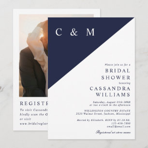 Convites Marinho Azul Monograma Foto QR Chá de panela de Có