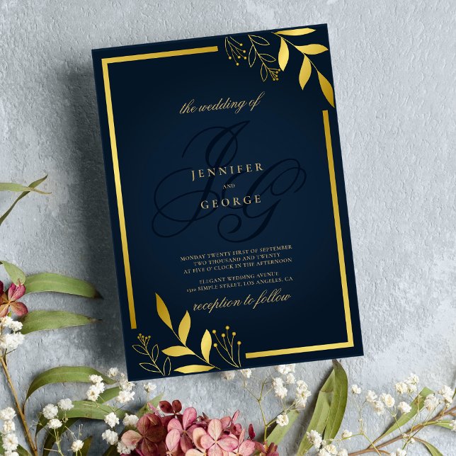 Convites Marinho azul monograma sigla de casamento floral (Navy blue gold monogram initials floral wedding )
