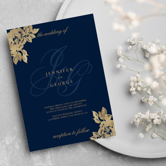 Convites Marinho azul monograma sigla de casamento floral (Navy blue gold monogram initials floral wedding invitation )