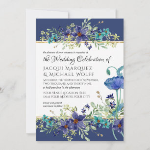 Convites Marinho Azul n Água Dourada Casamento Floral Com V