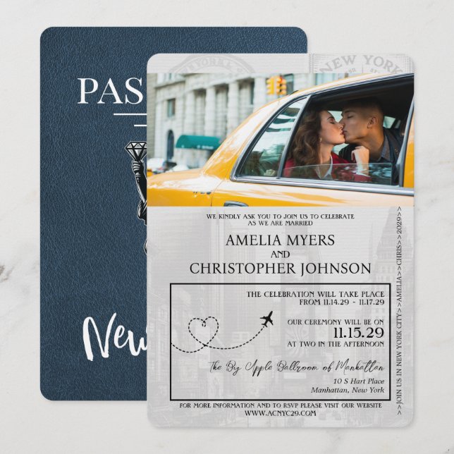 Convites Marinho Azul Nova Iorque Passaporte Casamento (Frente/Verso)