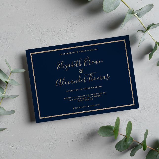 Convites Marinho azul ouro caligrafia manuscrita, casamento (Navy blue gold handwritten calligraphy wedding)