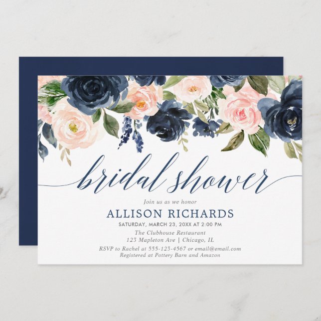 Convites Marinho azul & pincel chá de panela floral cor-de- (Frente/Verso)