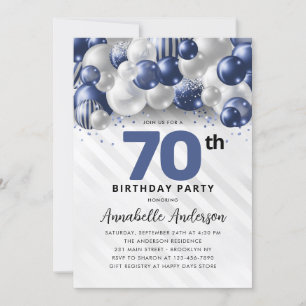 Convites Marinho Azul Prata Balão Brilhante 70 Aniversário