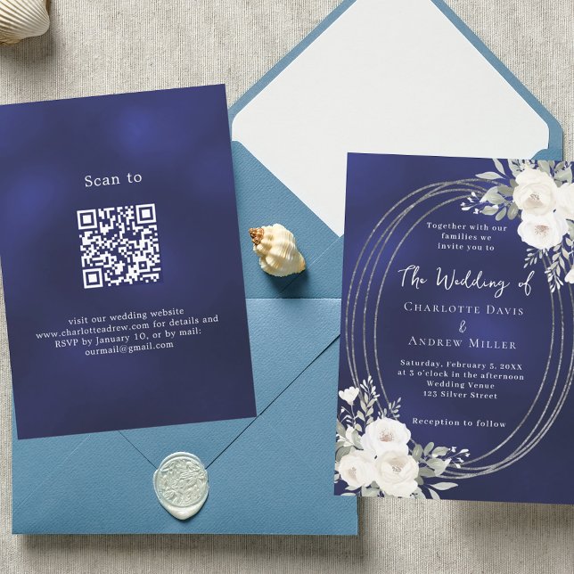 Convites Marinho azul prata branco floral casamento QR RSVP (Criador carregado)