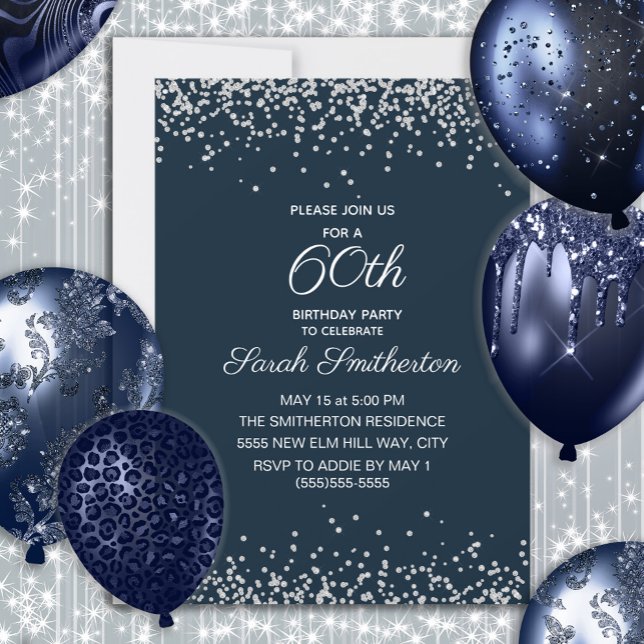 Convites Marinho Azul Prata Diamante Brilhante 60º Aniversá (Navy blue and silver glitter women's 60th birthday party invitation)