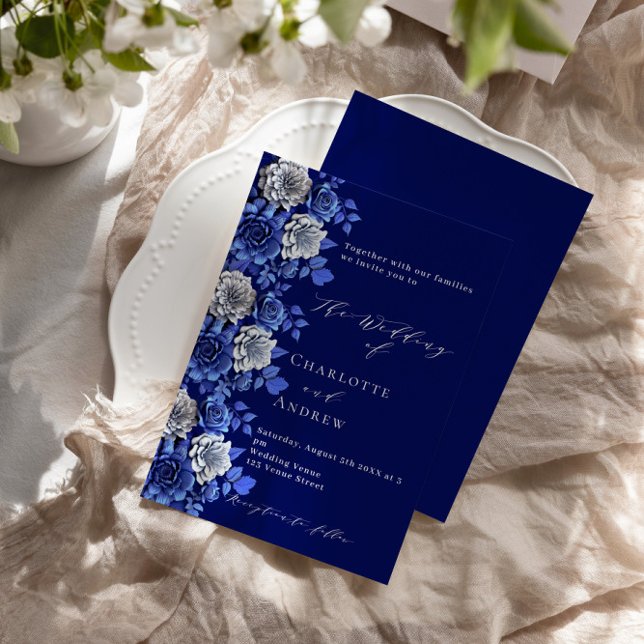 Convites Marinho azul prata floral script luxuoso casamento (Criador carregado)