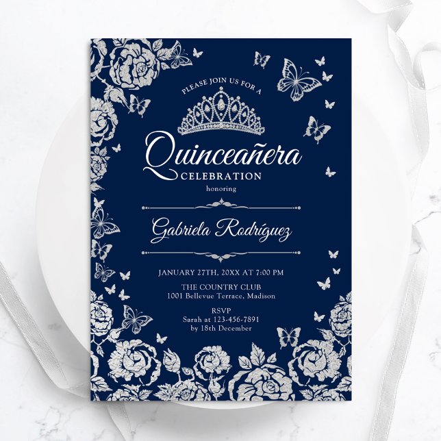 Convites Marinho Azul Prata Rosas Borboletas Quinceanera (Criador carregado)