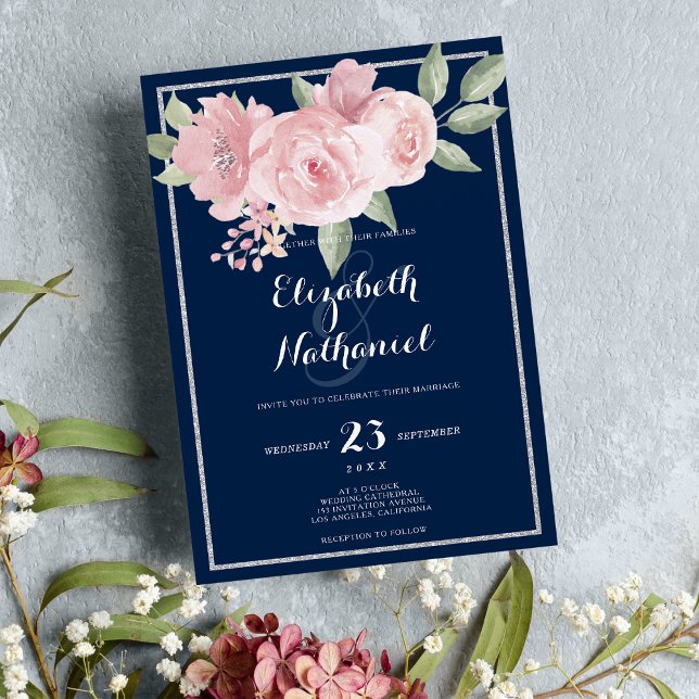 Convites Marinho azul-prateado verde-rosa verde-floral tema (Navy blue silver pink green floral theme wedding)