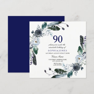 Convites Marinho Azul Preto Branco Floral 90 Aniversário Co
