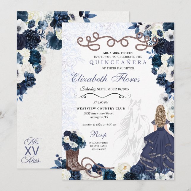 Convites Marinho azul Princesa Charra Quinceañera (Frente/Verso)