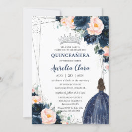 Convites Marinho Azul Princesa Floral Silver Quinceañera