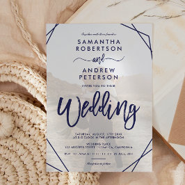 Convites Marinho azul quadro simples foto script casamento