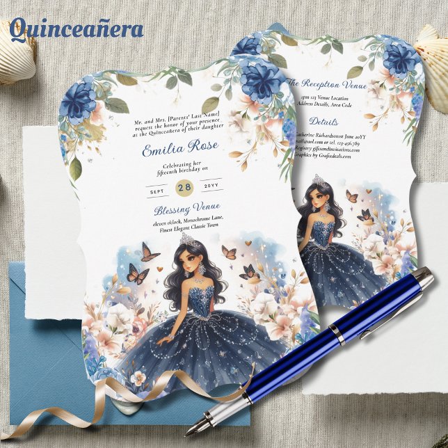 Convites Marinho Azul Quinceanera Vestido Borboletas Florai (Criador carregado)