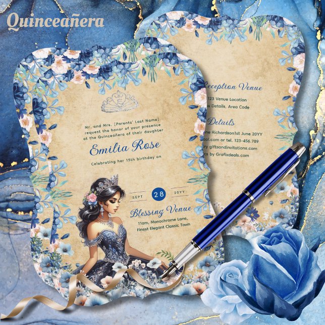 Convites Marinho Azul Quinceanera Vestido Rosas Florais (Criador carregado)