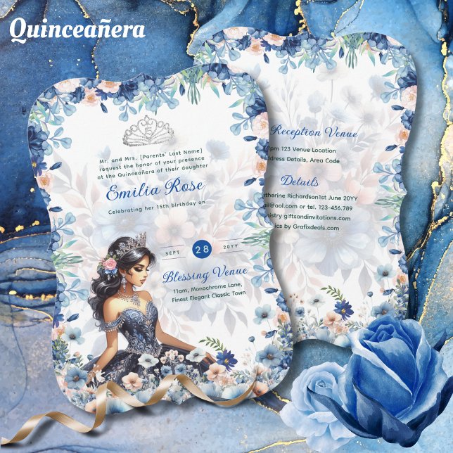 Convites Marinho Azul Quinceanera Vestido Rosas Florais (Criador carregado)