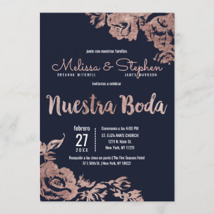 Convites Marinho Azul Rosa Dourado Floral Casamento Espanho