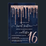 Convites Marinho Azul Rosa Dourado Glitter Drips Doce 16<br><div class="desc">Este bonito e giro convite de aniversário de dezesseis é perfeito para a moça da moda e na moda. Ele apresenta pingos de brilho rosa dourado cintilantes impressos em falso sobre um fundo azul marinho escuro. É moderno, glamouroso, chique, único e legal; o design perfeito para o seu dia especial....</div>