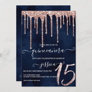 Convites Marinho Azul Rosa Dourado Glitter Drives Quinceañe