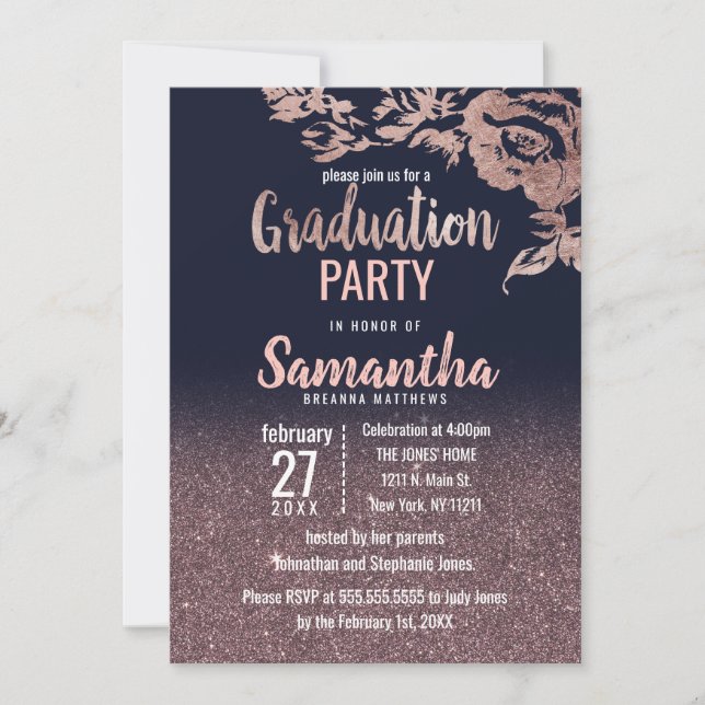 Convites Marinho Azul Rosa Dourado Graduação Floral com Lev (Frente)