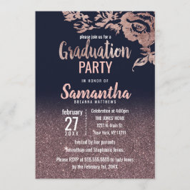 Convites Marinho Azul Rosa Dourado Graduação Floral com Lev