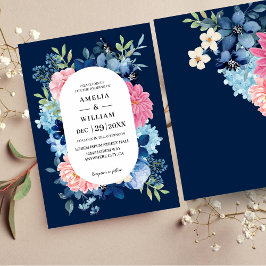 Convites Marinho azul rosa flores aquarela floral Casamento