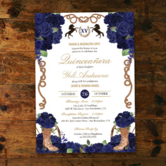 Convites Marinho Azul Rosa Ocidental Charro Quinceañera