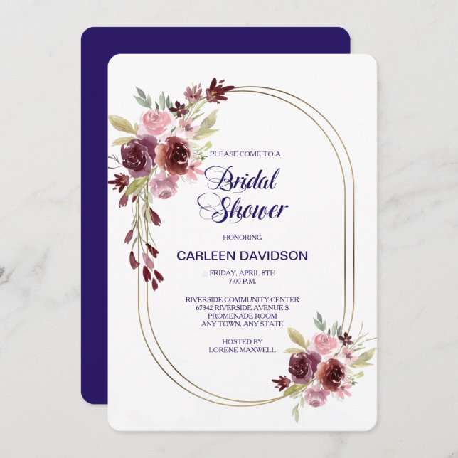 Convites Marinho azul Rosas azuis Chá de panela (Frente/Verso)