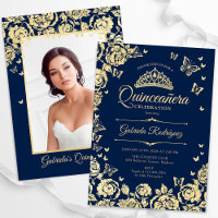 Marinho Azul Rosas Dourados Borboletas Quinceanera