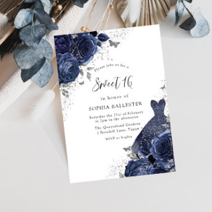 Convites Marinho Azul Rosas e Vestido Prata Doce 16 Festa