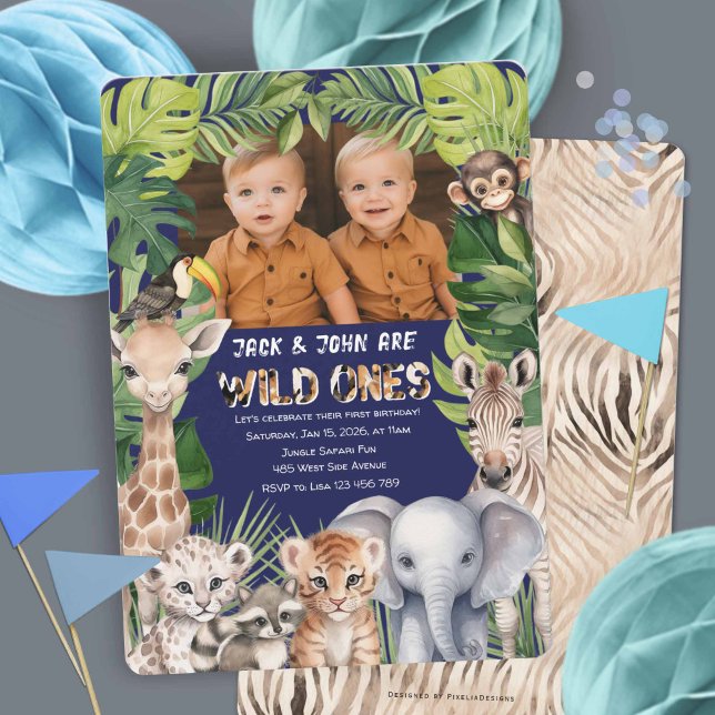 Convites Marinho Azul Selvagem Um, Twins Foto Safari Temáti (Twins wild one, baby boy 1st birthday invitation, navy blue, safari jungle animals theme.
)
