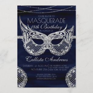 Convites Marinho Azul Silver Glitter Lace Mascarada de Aniv