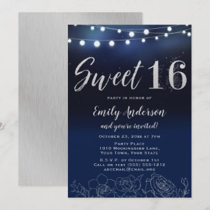 Convites Marinho Azul Silver String Luzes Floral Doce 16