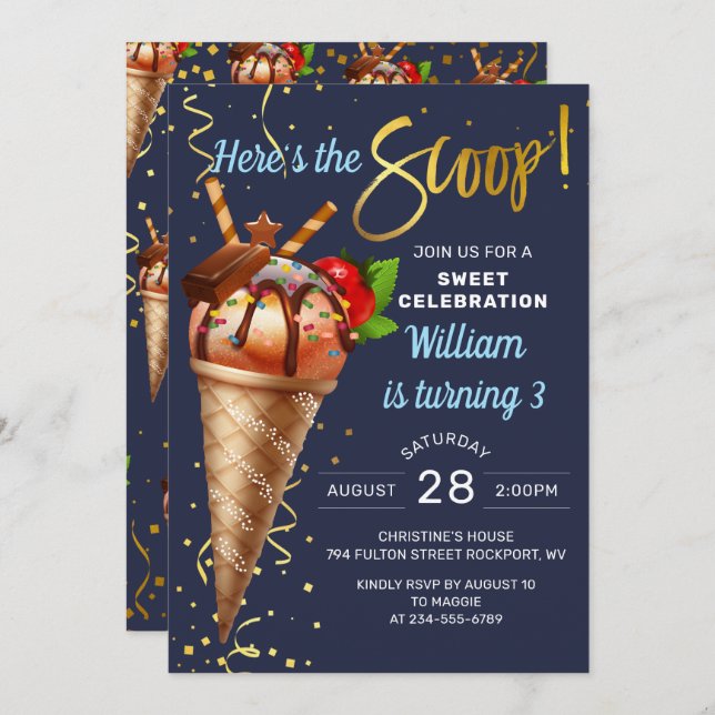Convites Marinho Azul Sorvete de chocolate doce Aniversário (Frente/Verso)