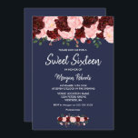Convites Marinho Azul-Sweet 16 Azul-Rosa Blush Burgundy<br><div class="desc">Marinho azul-Rosa azul-brilhante 16,  doce-azul,  cor-de-rosa-rosa e borgonha,  -de-vidro-rosa,  florais de cor-de-rosa-rosa e de vinho,  flores de aquarela pintadas à mão,  cor-de-rosa-suave e bolso</div>